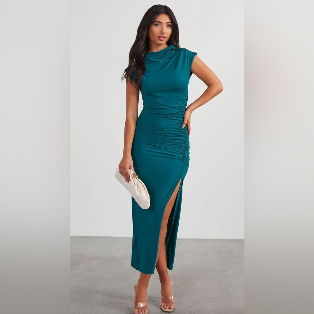 Vici Green Ruched Bodycon Maxi Dress with Slit